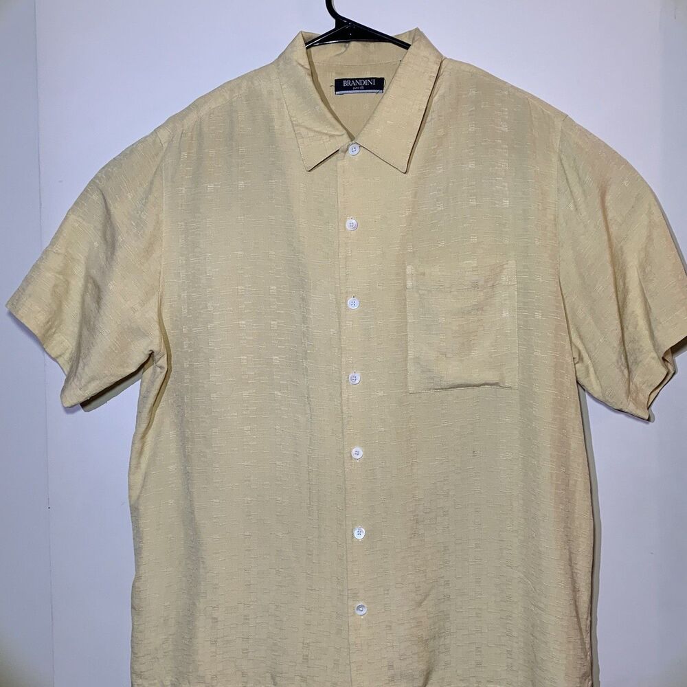 Brandini 100% Silk Mens Short Sleeve Shirt Preppy Formal Vacation Size Large
